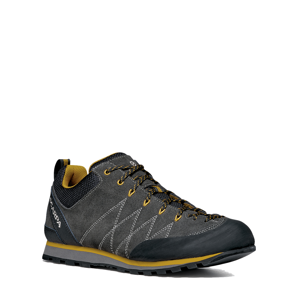 Gray and yellow hiking shoe on a white background